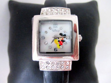 Mickey Mouse Womens Cuff Watch Silver w/ Black Band  Rhinestones Original Box