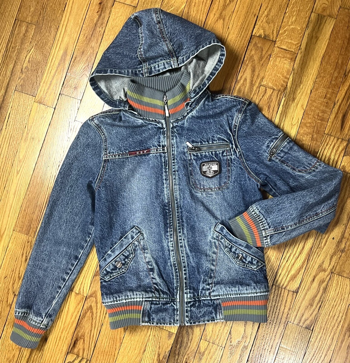 Jing Pin Jean Jacket Blue Hooded Zip Up Coat Boys Girls Youth Big