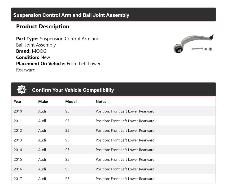 Brazo de control delantero izquierdo inferior trasero MOOG 2010 2011 2012 para Audi S5 2010-2017 Foto 2 de 4