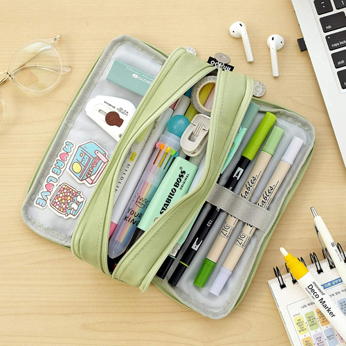 CICIMELON Large 3-Compartment Pencil Case for School - Green Pouch Bag - Picture 6 of 7