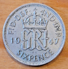 1947 King George VI Sixpence 6d coin - Nearly EF.