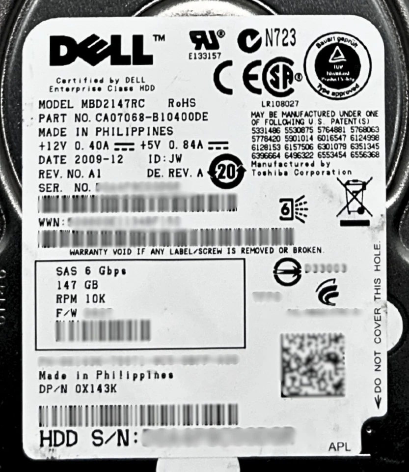 Dell 0X143K 146GB 10K SAS 2.5 6G MBD2147RC Hard Disk Drive - Image 2 of 4