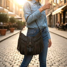 Brown Fringe Hobo Bag Boho Western Biker Slouchy Tassel Faux Leather EUC
