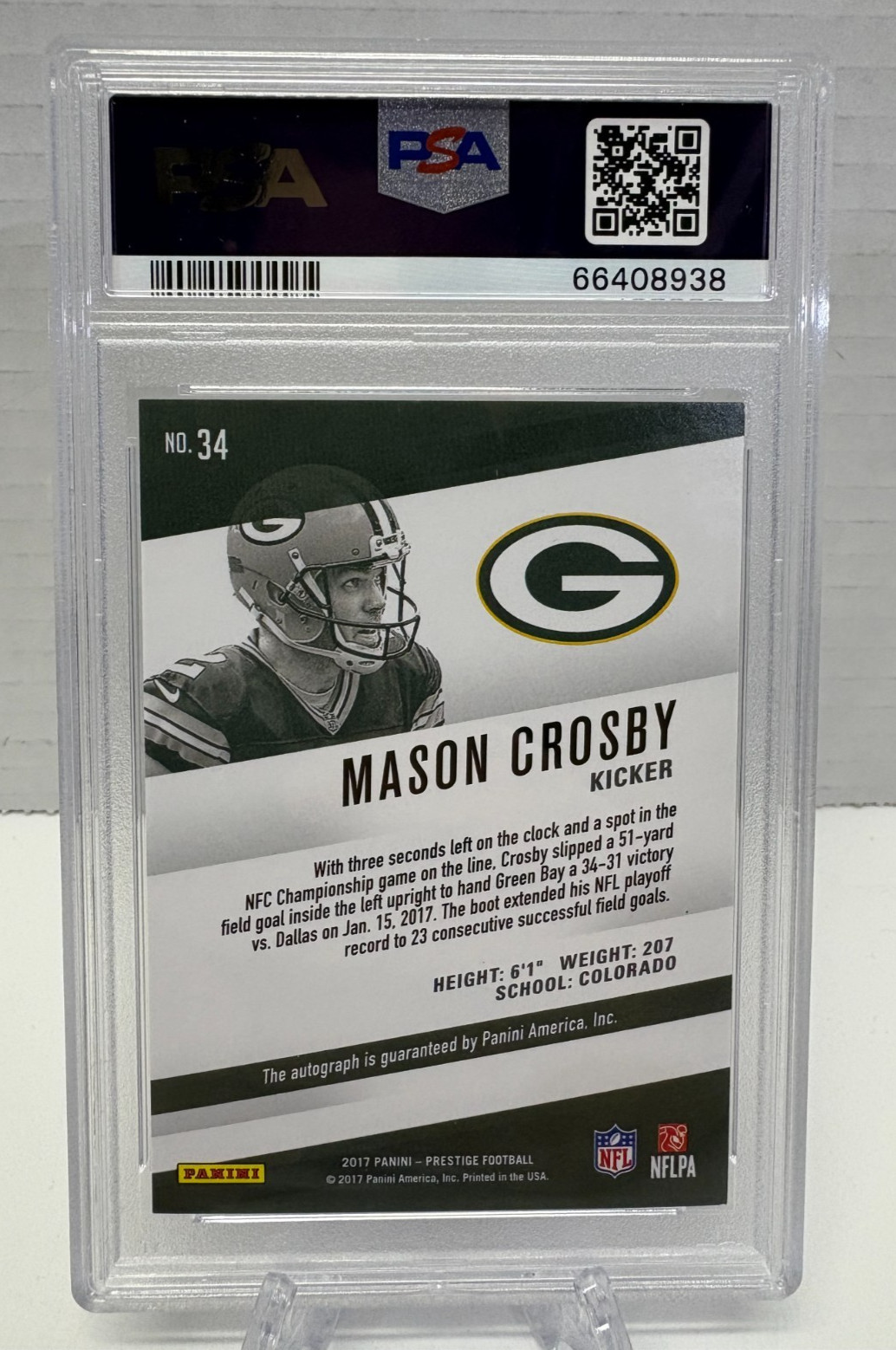 2017 Panini Prestige Veteran Signatures 21/25 Mason Crosby #34 Auto - PSA 8 view 2