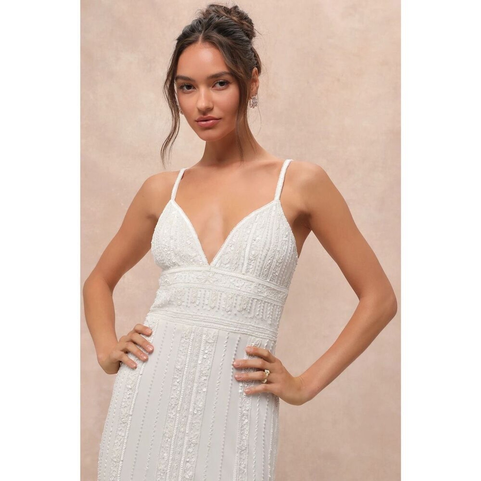 Lulus Luxe Stunning Vow White Beaded Sequin Maxi Dress Size L NWT Wedding image 4