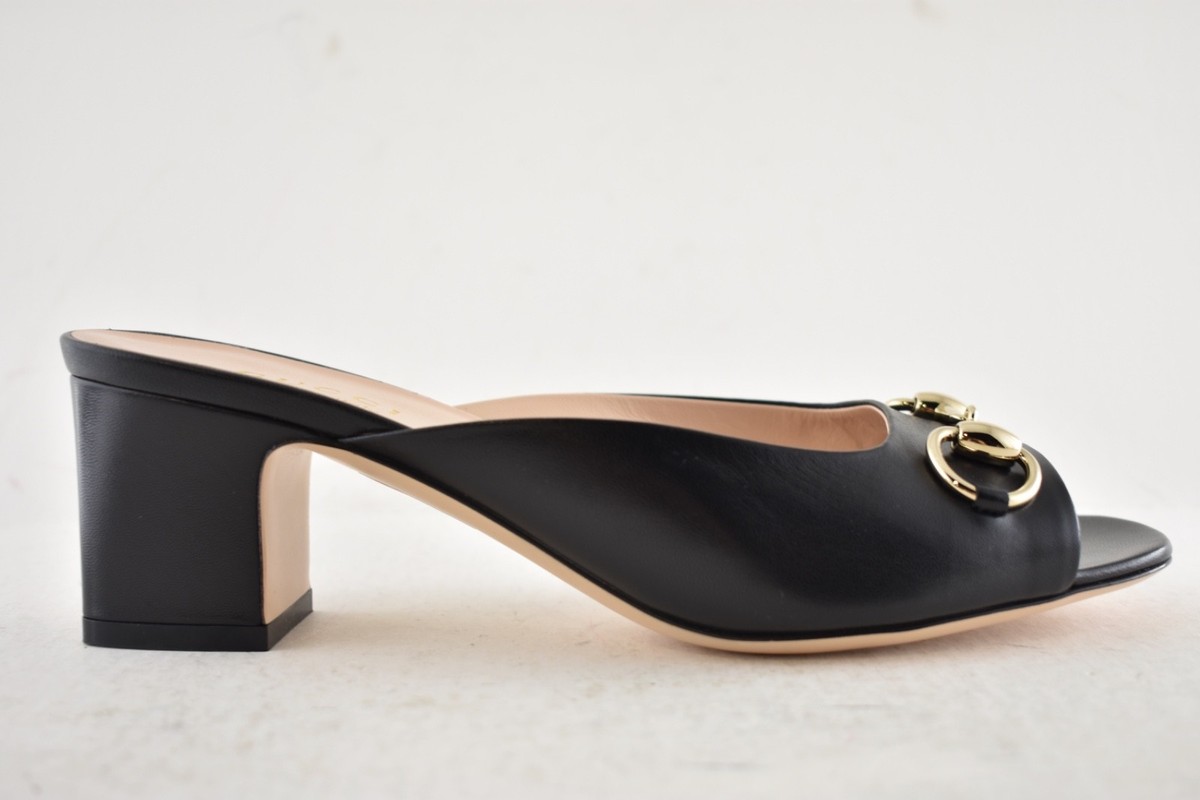 GUCCI ブラックレザー ミュール ゴールドヒール Gucci Lady Horsebit 55mm Black Leather Gold Logo Block Heel Mule