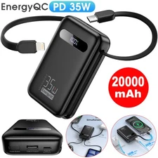 EnergyQC Power Bank 20000mAh Battery 35W Portable Charger Built-in USB-C Cable