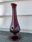 Vintage Fenton Ruby Red 6.5" Swung Glass Bud Vase Raised Oval Script Logo