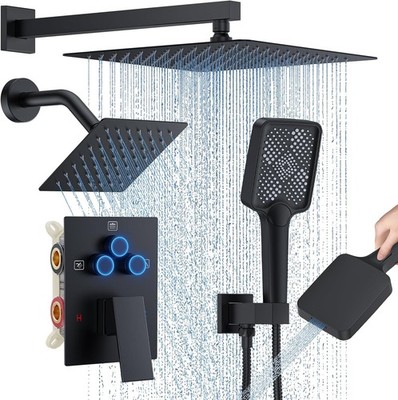 12 Inch Wall Mount Rain Shower System Matte Black Push Button