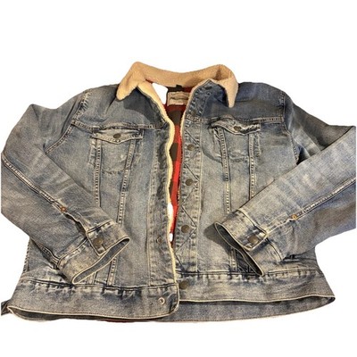 American Eagle Mens Jean Jacket LL Blue Quilted Sherpa Lined Trucker Denim