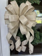 Handmade Large Sparkly Metallic Champagne Gold Beige Christmas Bow 10 x 20