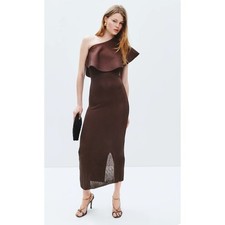 Altuzarra Vivi Dress One Shoulder Maxi Brown Ruffle Knit Evening Bodycon Sz XS