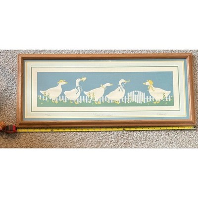 E Bond Signed Numbered Lithograph Good Neighbors Geese Oak Frame Art 28.5x12
