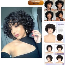 quickwig Human Hair Short Curly Bob Wig for Black Women with Bangs Natural Black