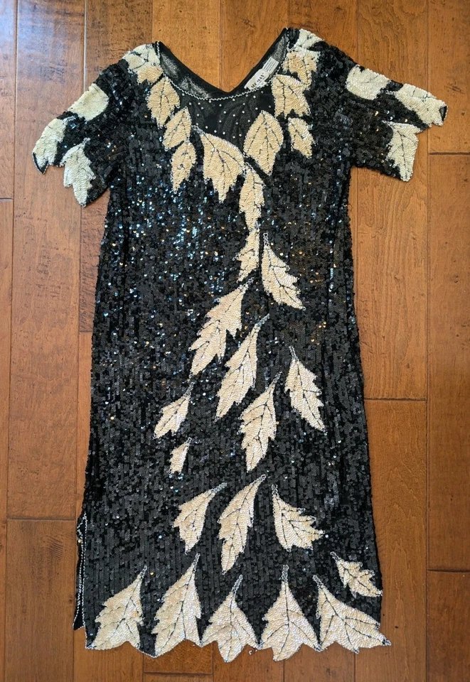 复古 Womans SHO MAX 100% 真丝串珠亮片黑色白色叶子连衣裙尺寸 3X  — 第 2/4 张图片