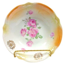 Antique Germany Large 8.5" Porcelain Serving Bowl Scalloped Edge Rose Floral 