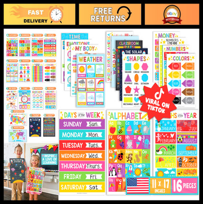 16 Educational Classroom Posters - Laminated Pre-K & Toddler Learning Decor, Hom