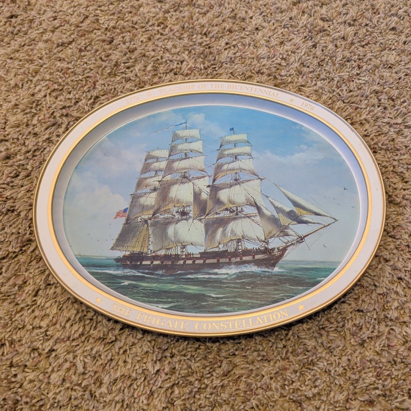 VINTAGE METAL TRAY, THE FRIGATE CONSTELLATION FABCRAFT MADE IN USA, 14"×11".