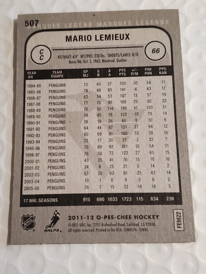 2011-12 O-Pee-Chee Mario Lemieux Marquee Legend #507 - Pittsburgh Penguins- FS! - Image 2 of 3