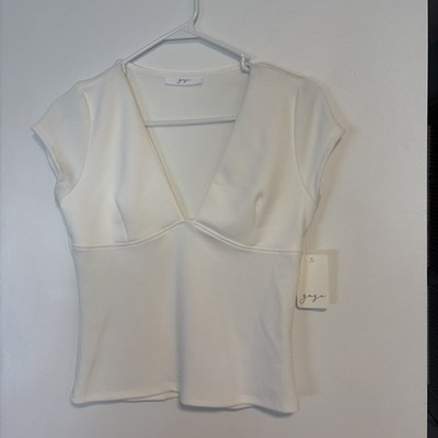 Gaze White Crop Top V-Neck Short Sleeve Fitted Blouse NWT Size -L/G