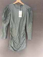 Bnwt Zara Gorgeous Sage Green Pu Leather Vegan Party Dress, Stunning Size S