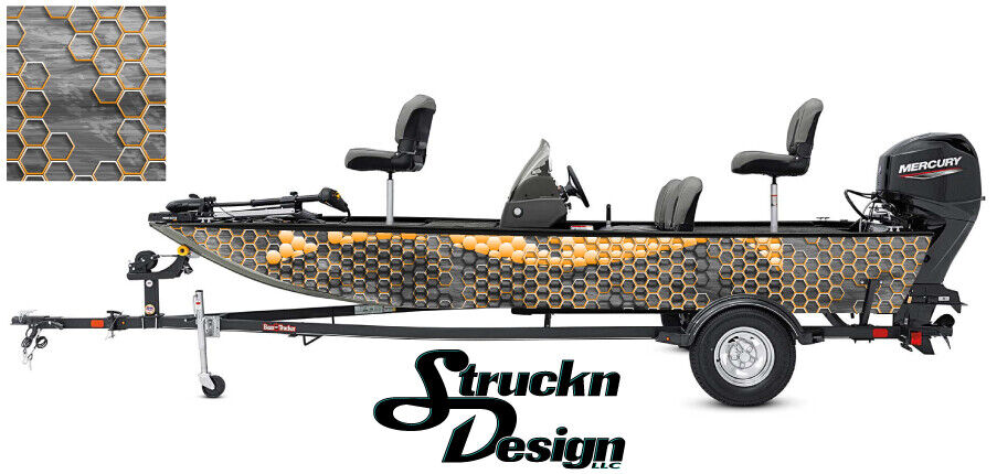 Boat Wrap Orange Grey Hexagon Kit Luxury Abstract Award-winning store Fishing Graphic Decal