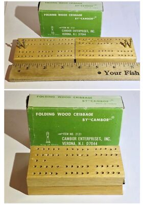 Folding Wood Travel Cribbage Board w Pegs Cambor Vintage MIni Board in Box