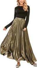 Women's Premium Metallic Shiny Shimmer Accordion Pleated Long Maxi Skirt