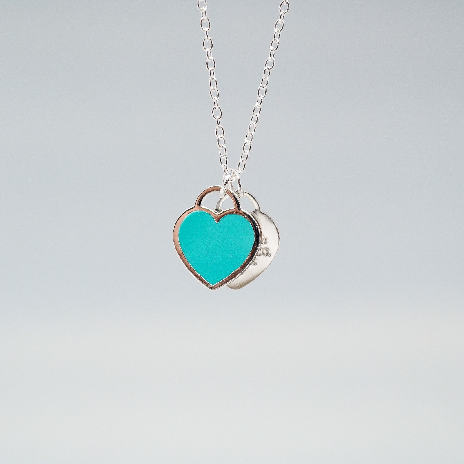 Tiffany & Co. 925 Silver Blue Mini Double Hearts Pendant Necklace 48cm Gift Box