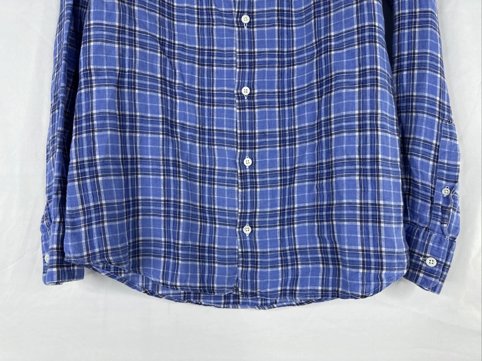 Camisa de lino con botones Z Zegna para hombre talla M azul a cuadros manga larga sin cuello Foto 4 de 4