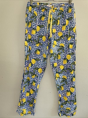 Bed Head Pajama Pants Bottoms Drawstring Lemons & Blue Organic Cotton, Pockets M