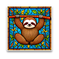 Cute Sloth Wild Animal Faux Stained Glass Square Opaque Vinyl Sticker Decal