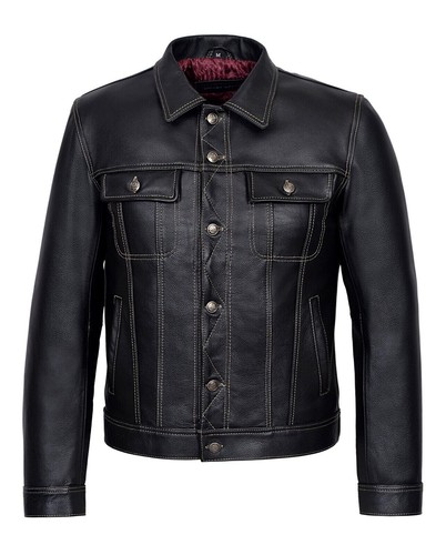 MEN'S TRUCKER LEATHER JACKET - BLACK CLASSIC SHIRT STYLE WESTERN COWHIDE LEATHER - Picture 6 of 8