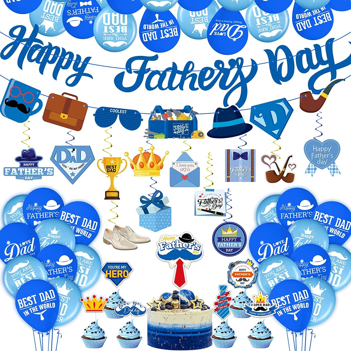 Happy Fathers Day Decorations 63pcs With Banner Cake Topper Balloons Dad Party