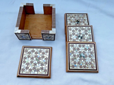 Egyptian inlaid Mother of Pearl Coaster Set 5 Pieces Handmade Square 3.5''# 965