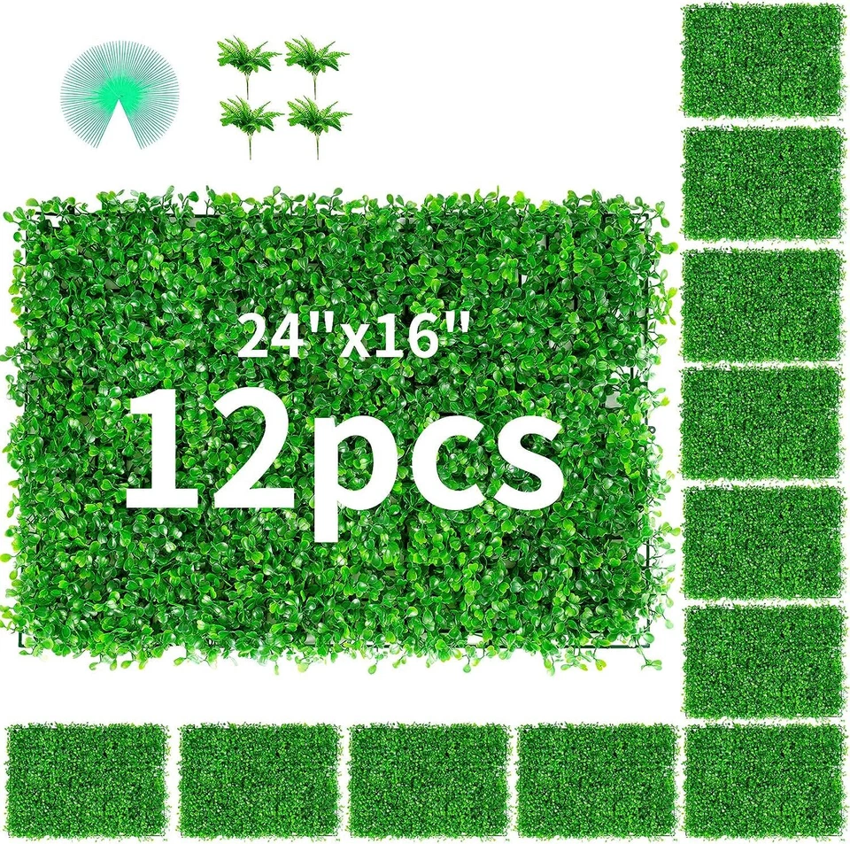 12/24PC 24x16 Artificial Boxwood Mat Wall Hedge Decor Privacy Fence Panels Grass - Image 2 of 4