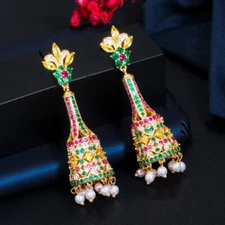 Gold Plated Cubic Zirconia Long Bird Cage Pearl Drop Earrings Ethnic CZ Jewelry