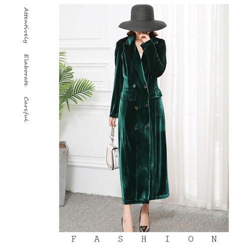 Women's Velvet Long Trench Coat Long Sleeved Double Breasted Dark Green Jacket - Picture 14 of 26