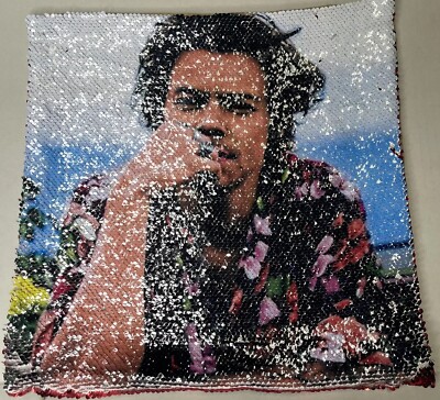 Harry Styles- Red Flip Sequin Pillow Throw Gold Accent Zipper 15 x15  Square