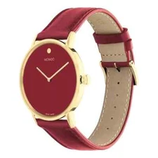 Movado Swiss  Signature Classic Red Dial Gold Slim Burgundy Leather Strap Watch