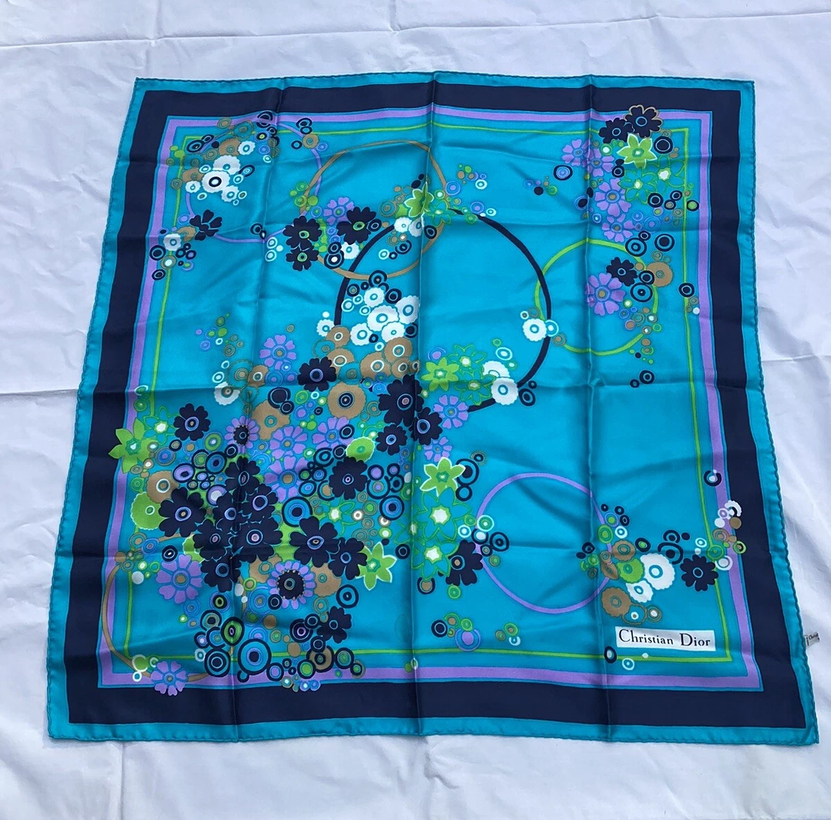 Écharpe florale vintage CHRISTIAN DIOR bleu soie turquoise 29,5