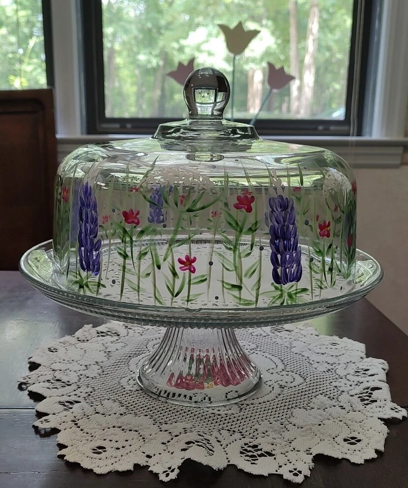 Hand Painted Cake Plate Lupine Wildflower White Gate Boyd & Doyle Gorgeous L 👀K - Image 2 of 4