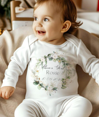 Personalisiertes Greenery Blumenmädchen Baby Strampler Lätzchen Set, hochwertige Kleinkind Kleidung