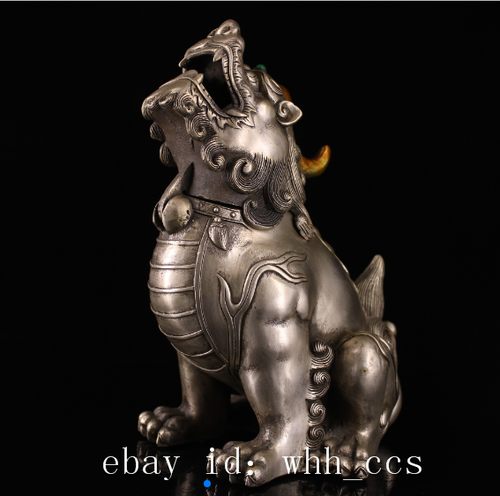 8.8" China's old pure copper hand-made silver-plated unicorn incense burner - Picture 2 of 9
