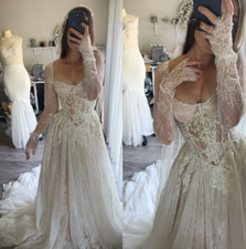 Wedding Dresses Long Sleeve Lace Applique Square Neck Sweep Train Bridal Gowns