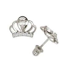 14K Solid Gold Royal Crown Screw Back Studs Earrings with April CZ Birthstone