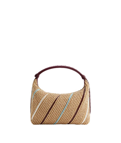 BOTTEGA VENETA Wallace $2600 Natural/Barolo Raffia Shoulder Bag New & Authentic
