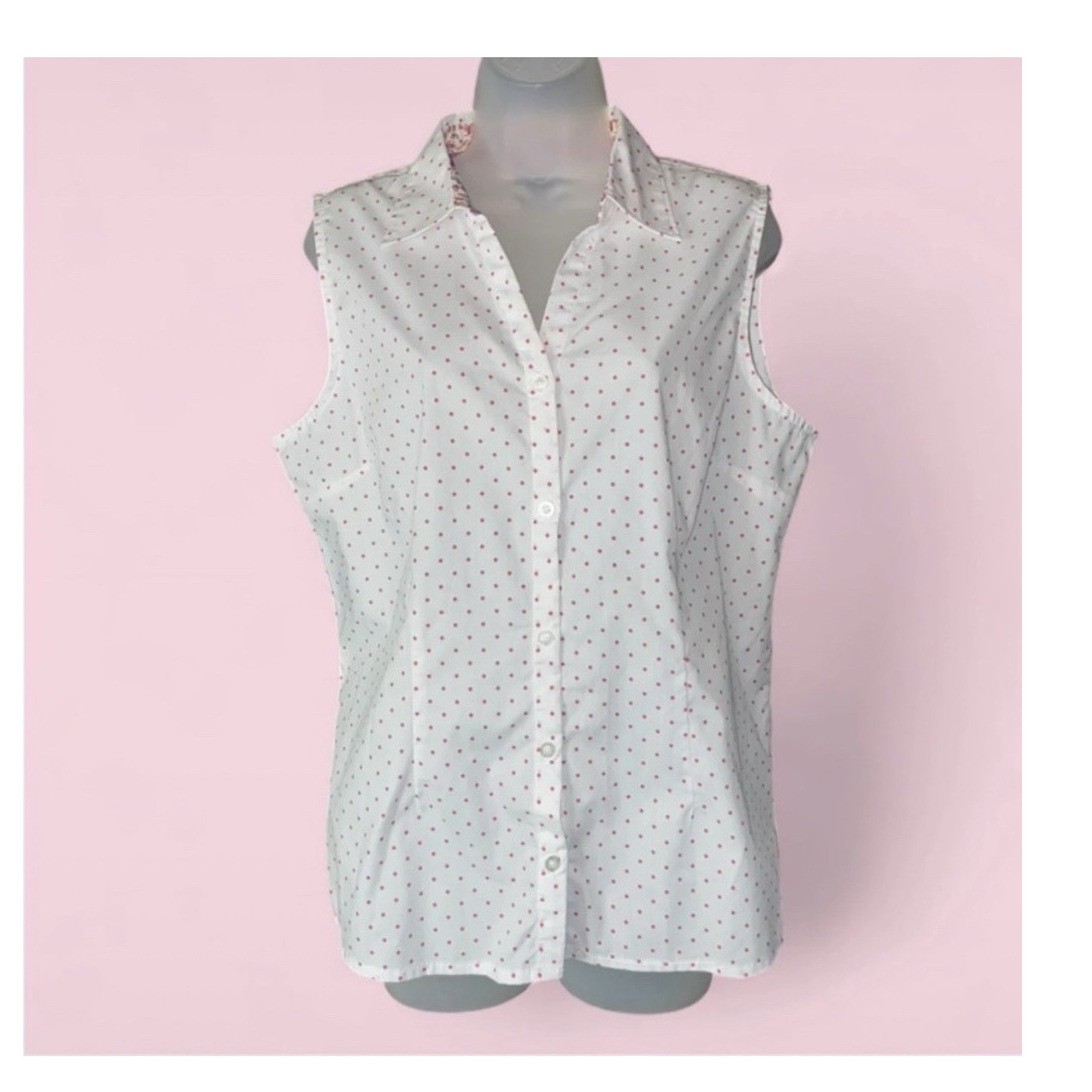 Basic Editions Womens L White/Pink Polka Dot Sleeveless Button-Up Blouse
