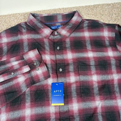 Apt 9 Mens 3XB Big & Tall Plaid Button Down Shirt Premier Flex Burgundy Black
