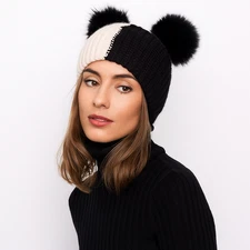 Knitted Beanie Hat Double Pom Pom Faux Fur Lined Extra Warm Soft for Women NEW